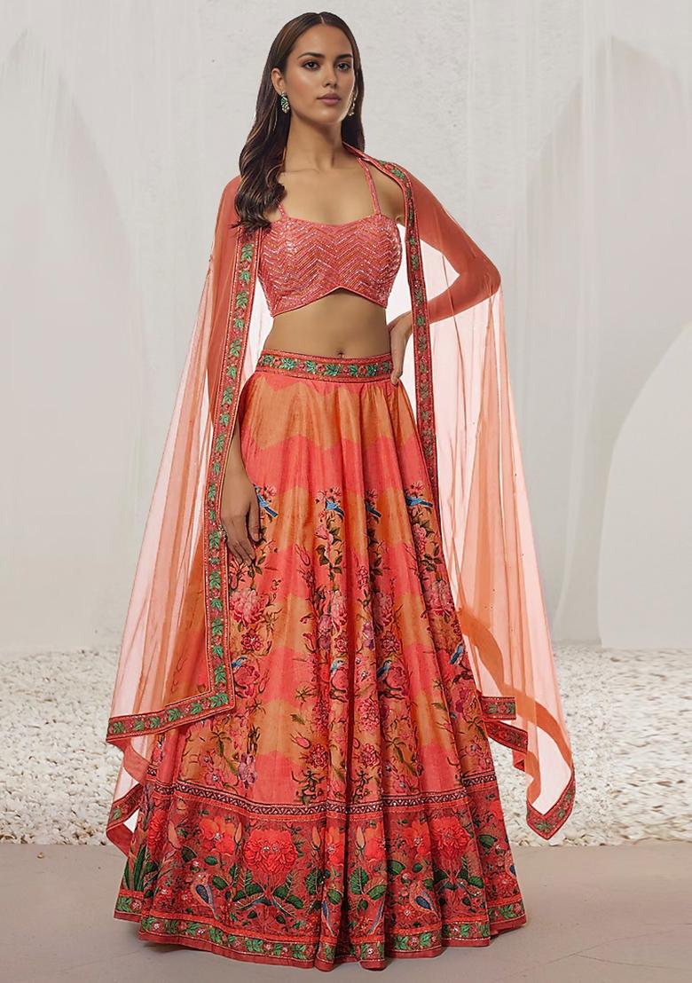 Coral Lehenga Set With Hand Embroidered Blouse And Dupatta