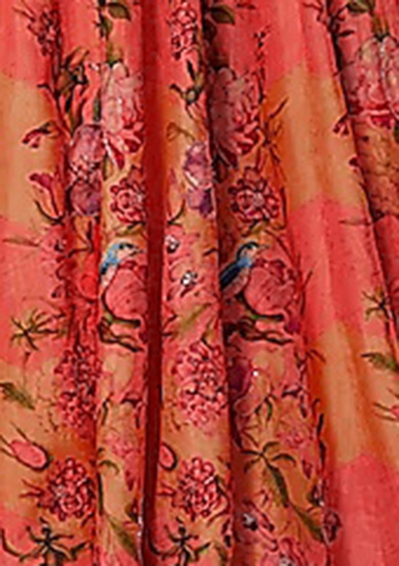 Coral Lehenga Set With Hand Embroidered Blouse And Dupatta