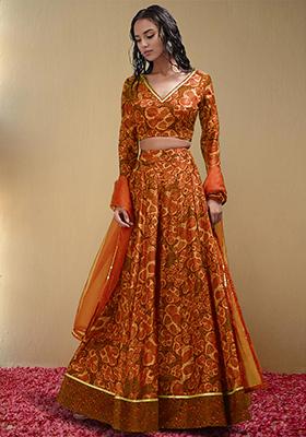 Orange Lehenga Set With Hand Embroidered Blouse And Dupatta