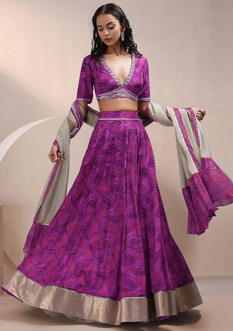 Purple Lehenga Set With Hand Embroidered Blouse And Dupatta