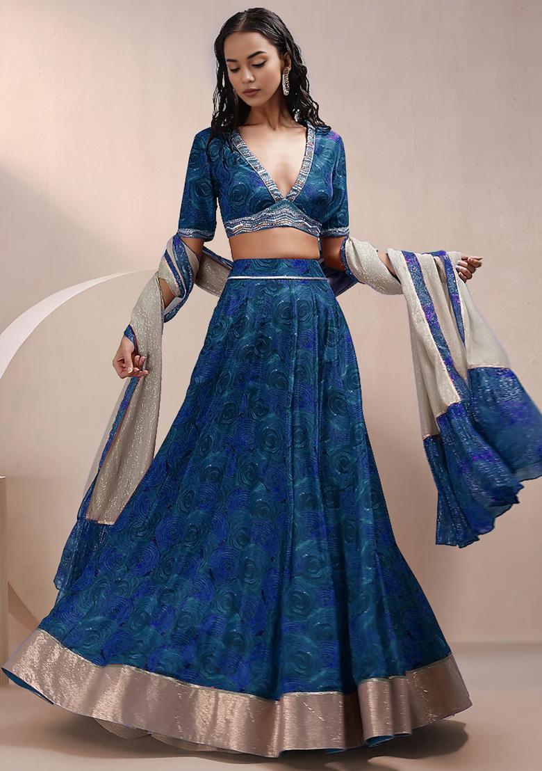 Blue Lehenga Set With Hand Embroidered Blouse And Dupatta