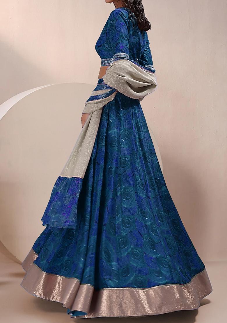 Blue Lehenga Set With Hand Embroidered Blouse And Dupatta