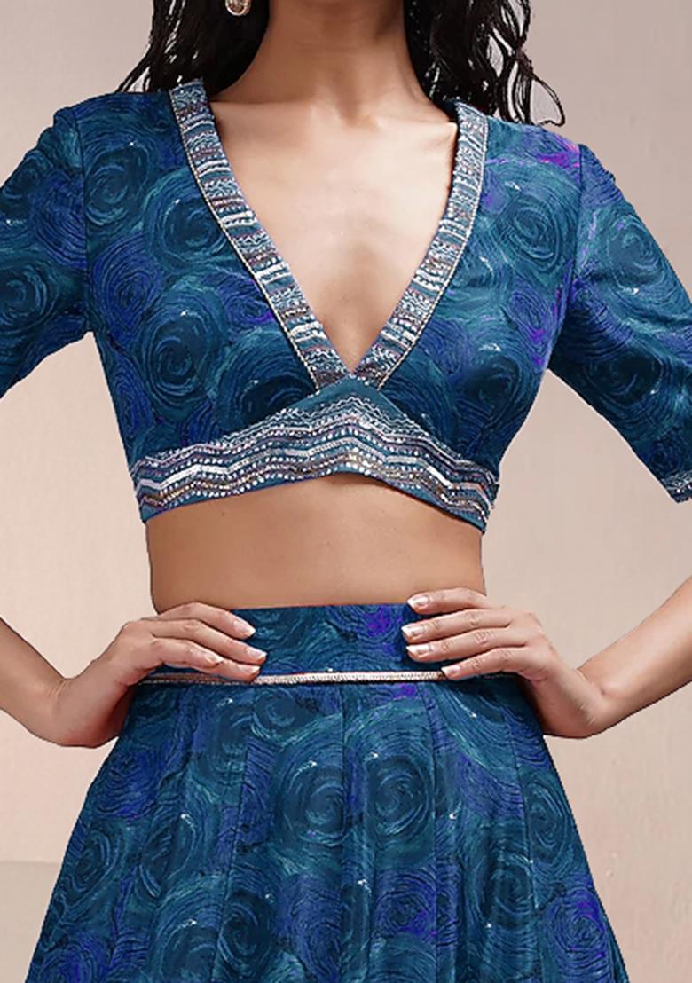 Blue Lehenga Set With Hand Embroidered Blouse And Dupatta