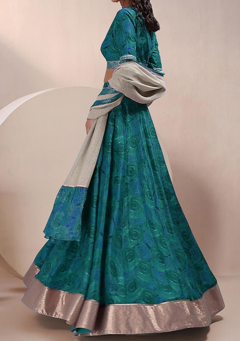 Emerald Green Lehenga Set With Hand Embroidered Blouse And Dupatta