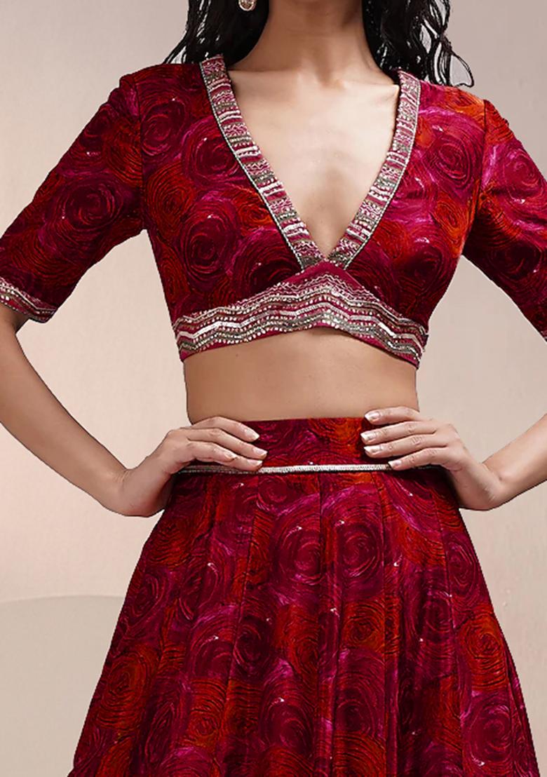 Burgundy Lehenga Set With Hand Embroidered Blouse And Dupatta