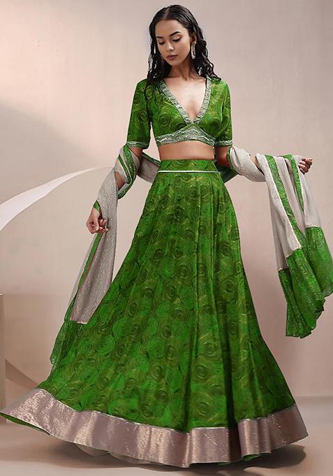 Hunter Green Lehenga Set With Hand Embroidered Blouse And Dupatta