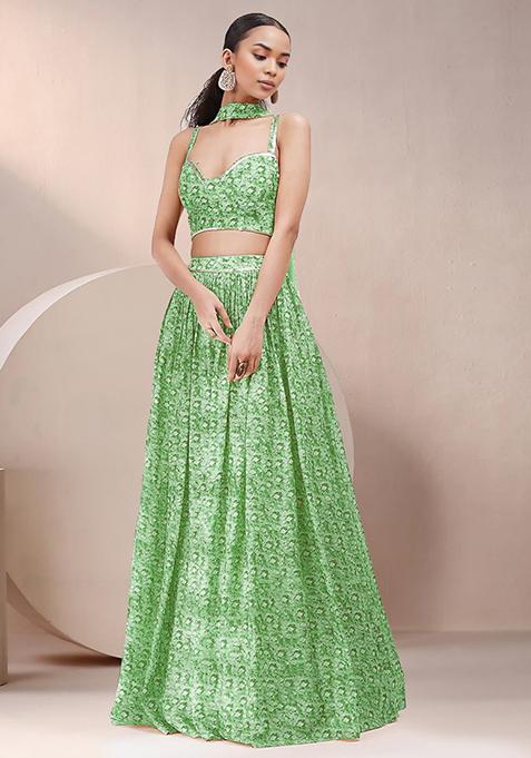 Green Lehenga Set With Hand Embroidered Blouse