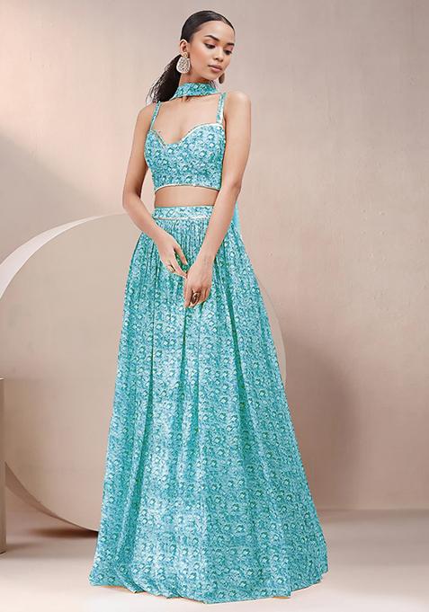 Blue Lehenga Set With Hand Embroidered Blouse