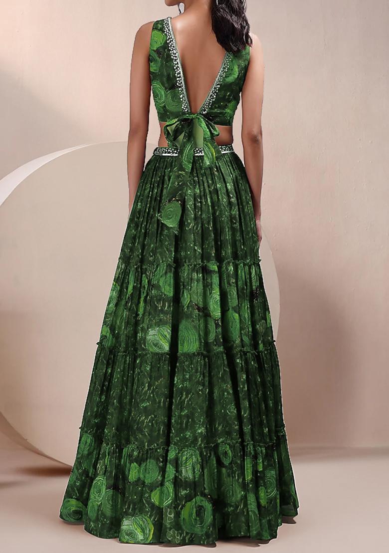 Olive Green Lehenga Set With Hand Embroidered Blouse And Dupatta