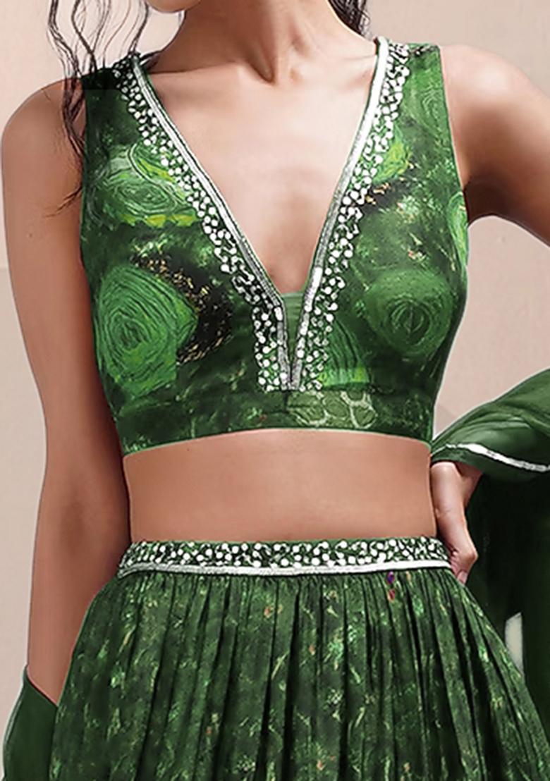 Olive Green Lehenga Set With Hand Embroidered Blouse And Dupatta