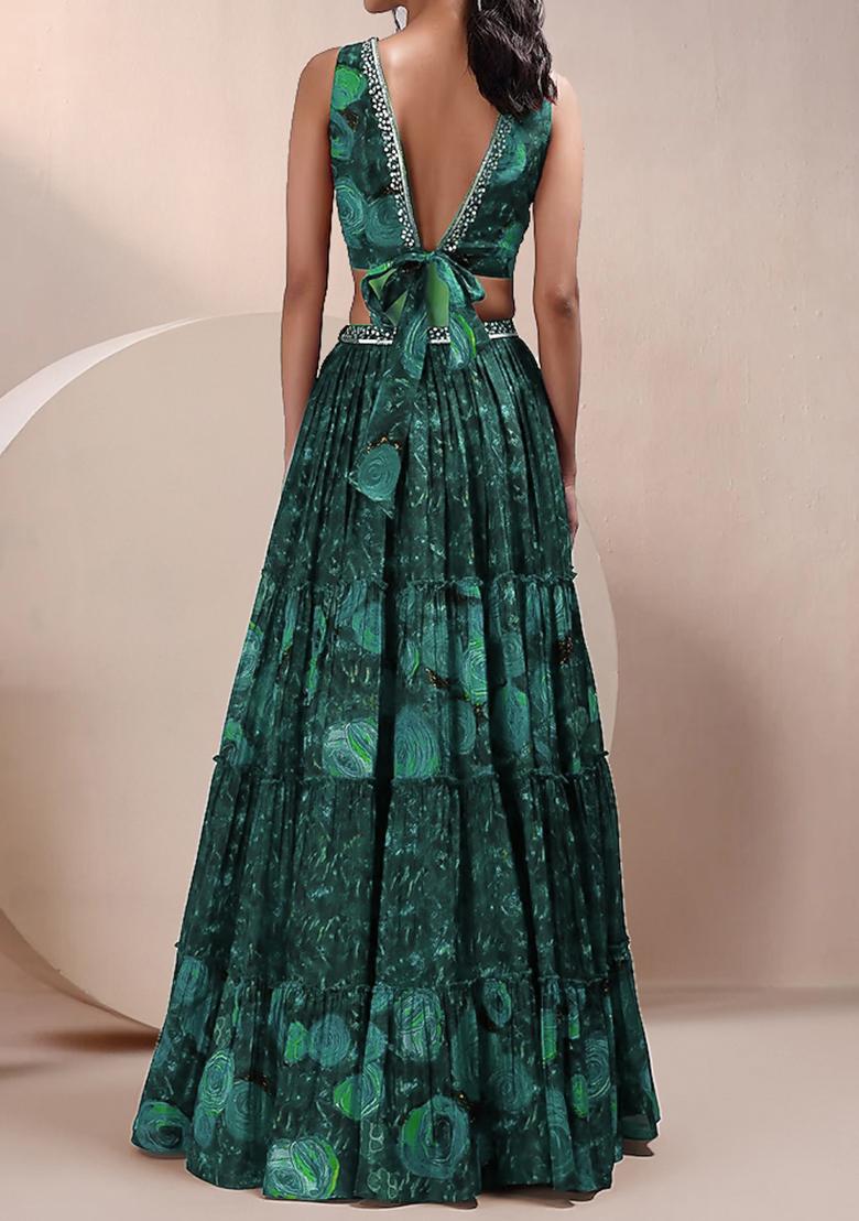 Teal Green Lehenga Set With Hand Embroidered Blouse And Dupatta