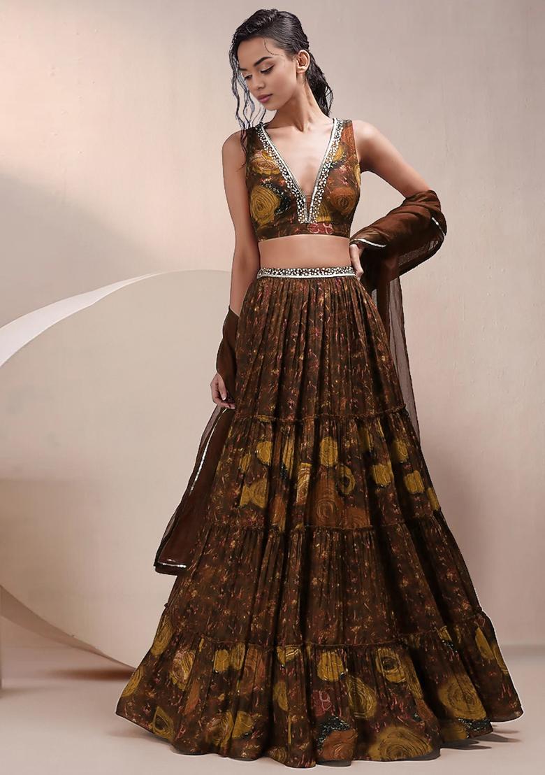 Brown Lehenga Set With Hand Embroidered Blouse And Dupatta