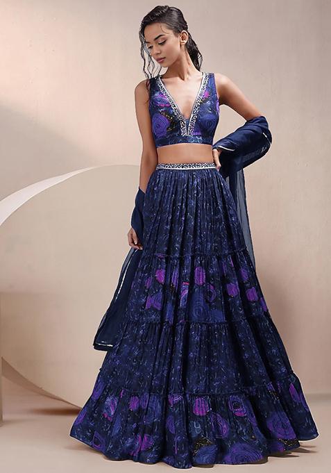 Royal Blue Lehenga Set With Hand Embroidered Blouse And Dupatta