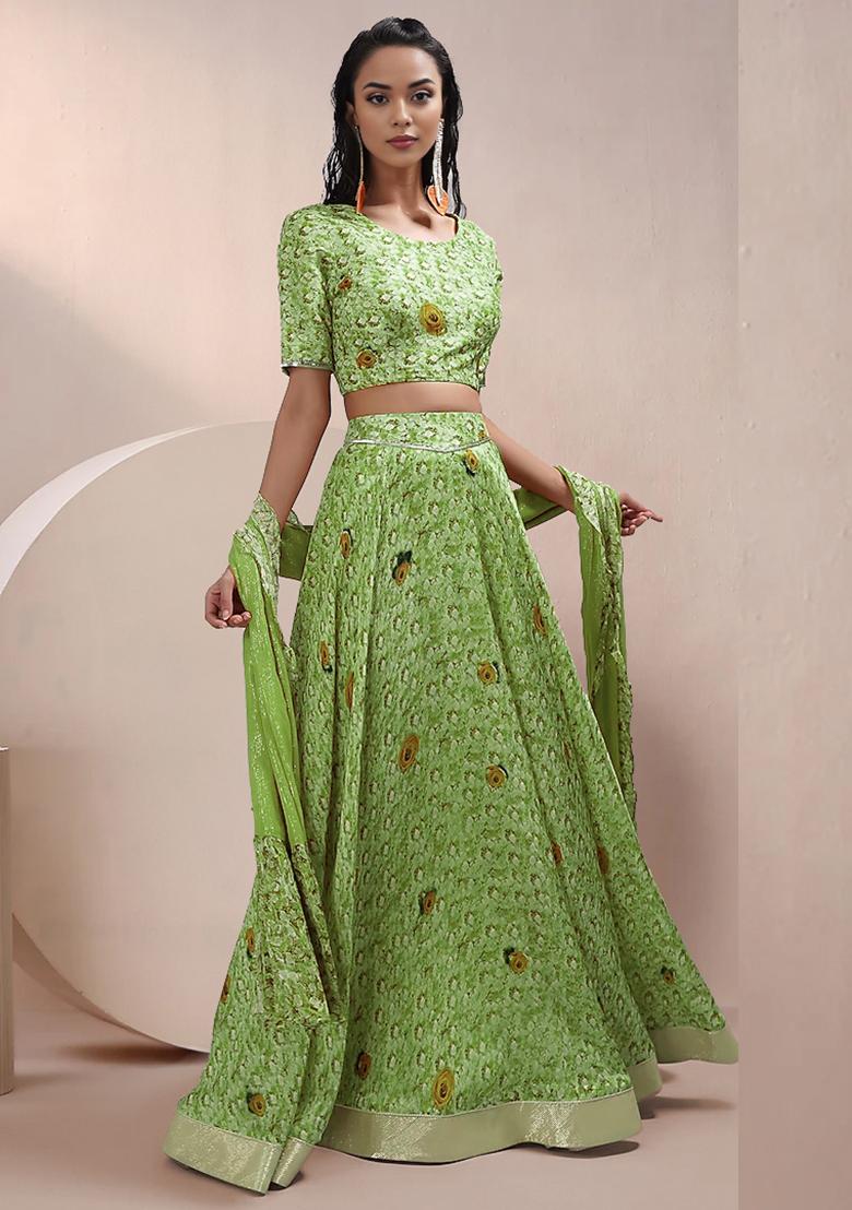 Green Lehenga Set With Hand Embroidered Blouse And Dupatta