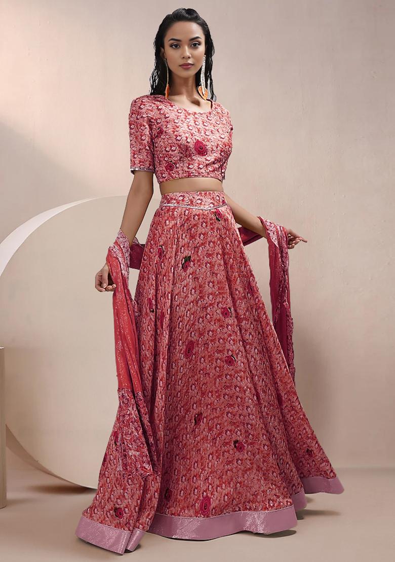 Coral Lehenga Set With Hand Embroidered Blouse And Dupatta