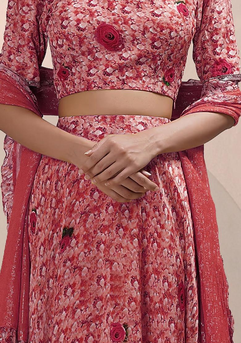 Coral Lehenga Set With Hand Embroidered Blouse And Dupatta