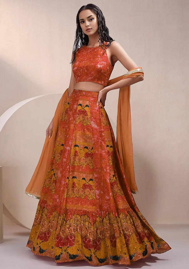 Orange Lehenga Set With Hand Embroidered Blouse And Dupatta