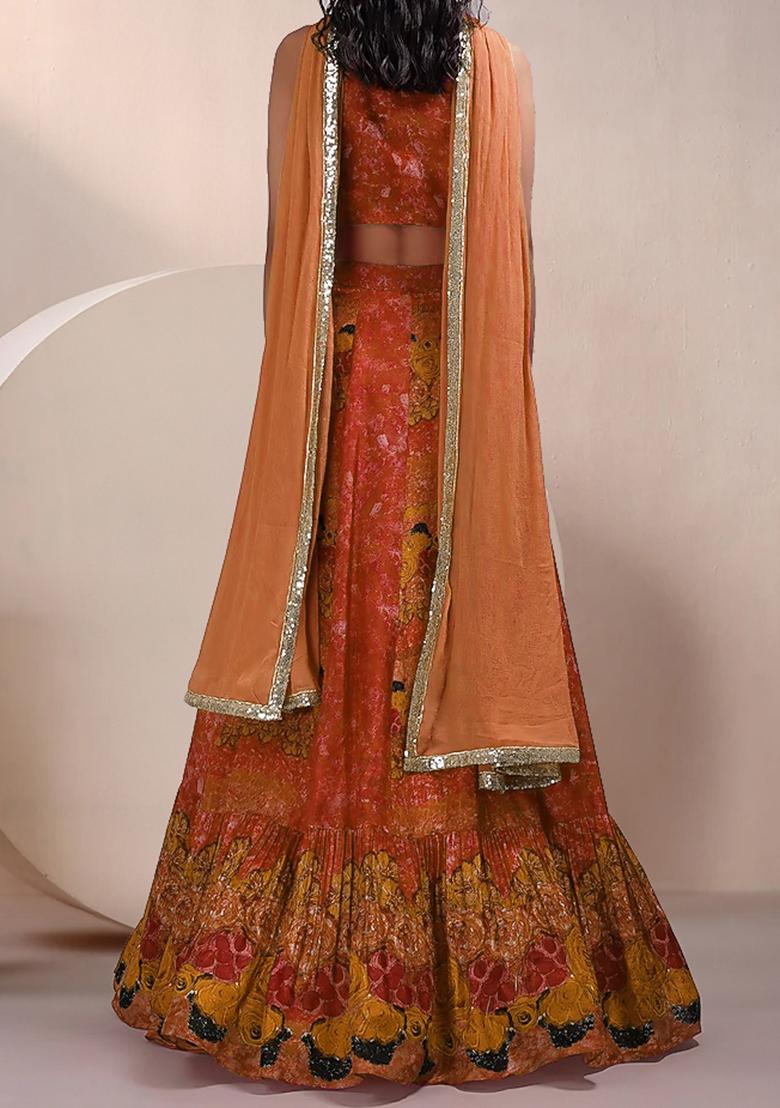 Orange Lehenga Set With Hand Embroidered Blouse And Dupatta