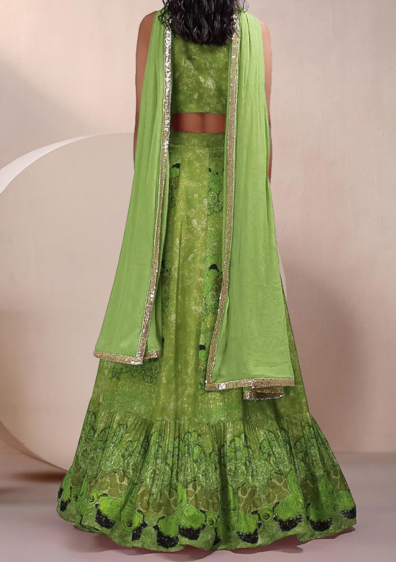 Green Lehenga Set With Hand Embroidered Blouse And Dupatta