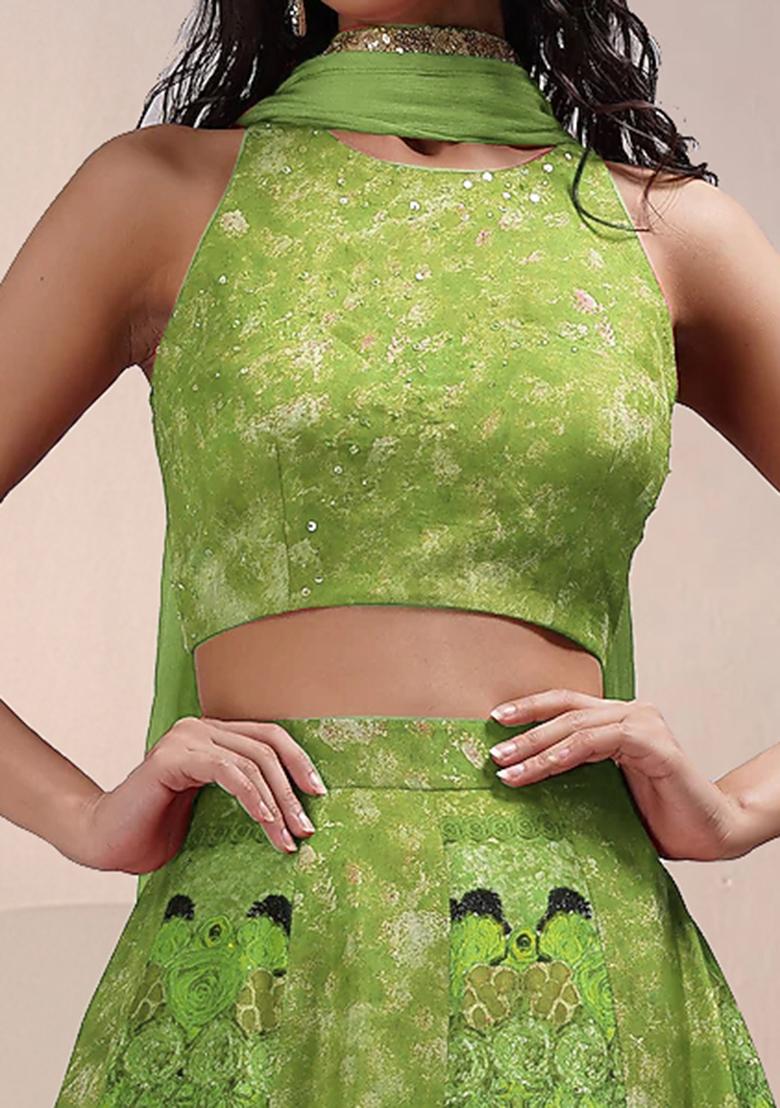 Green Lehenga Set With Hand Embroidered Blouse And Dupatta
