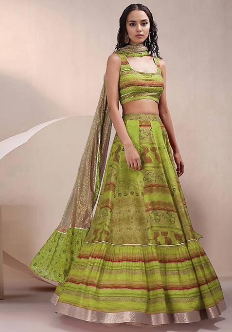Green Lehenga Set With Hand Embroidered Blouse And Dupatta