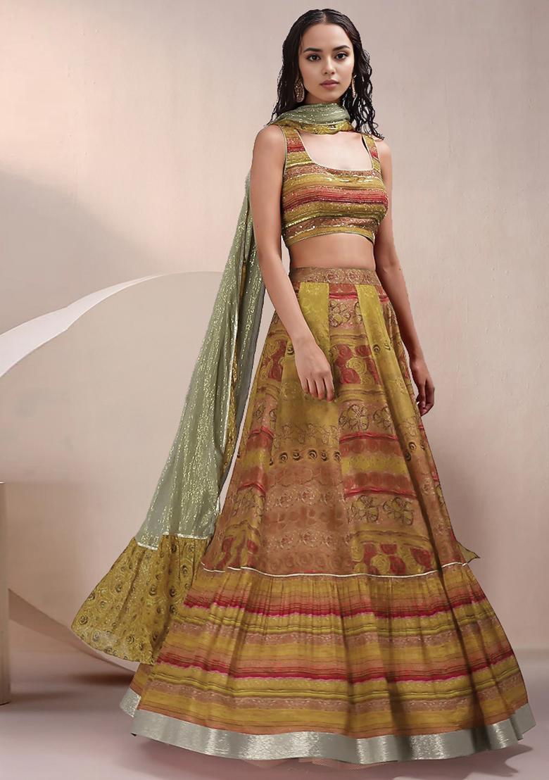 Olive Lehenga Set With Hand Embroidered Blouse And Dupatta