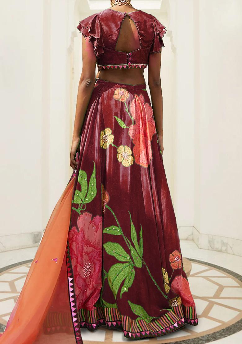 Burgundy Lehenga Set With Hand Embroidered Blouse And Dupatta