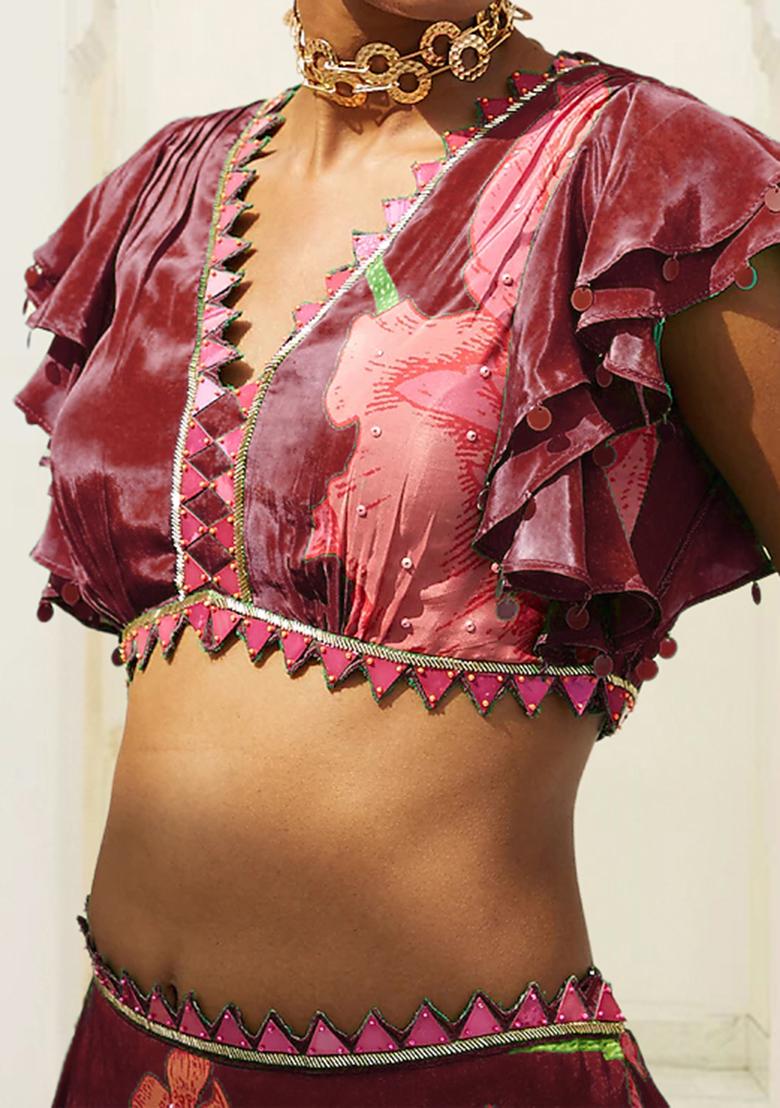 Burgundy Lehenga Set With Hand Embroidered Blouse And Dupatta