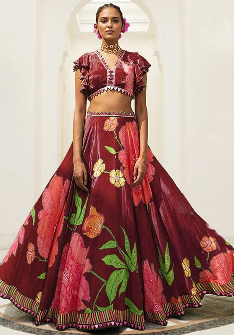 Burgundy Lehenga Set With Hand Embroidered Blouse And Dupatta