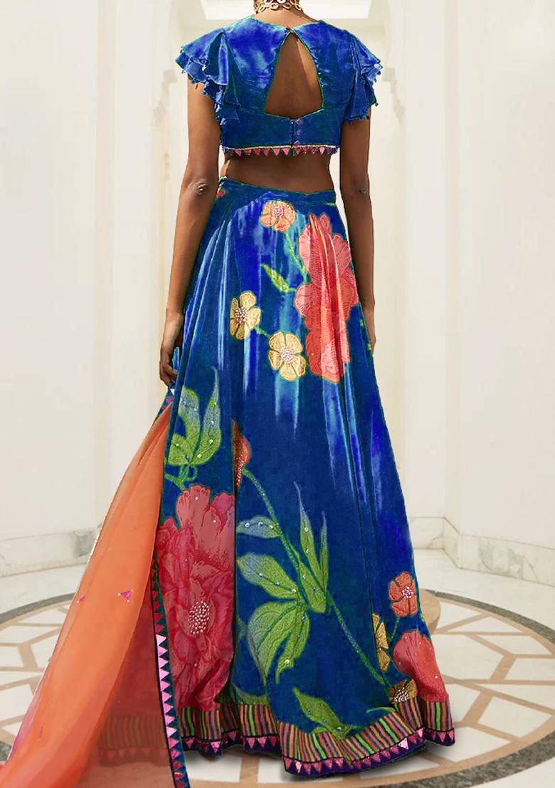 Navy Blue Lehenga Set With Hand Embroidered Blouse And Dupatta