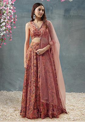 Coral Lehenga Set With Hand Embroidered Blouse And Dupatta