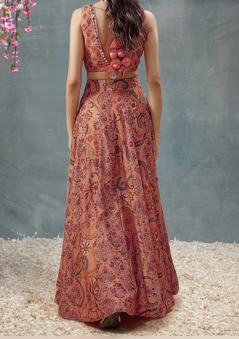 Coral Lehenga Set With Hand Embroidered Blouse And Dupatta