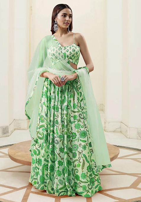 Green Lehenga Set With Hand Embroidered Blouse And Dupatta