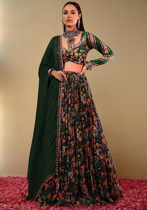 Green Lehenga Set With Hand Embroidered Blouse And Dupatta