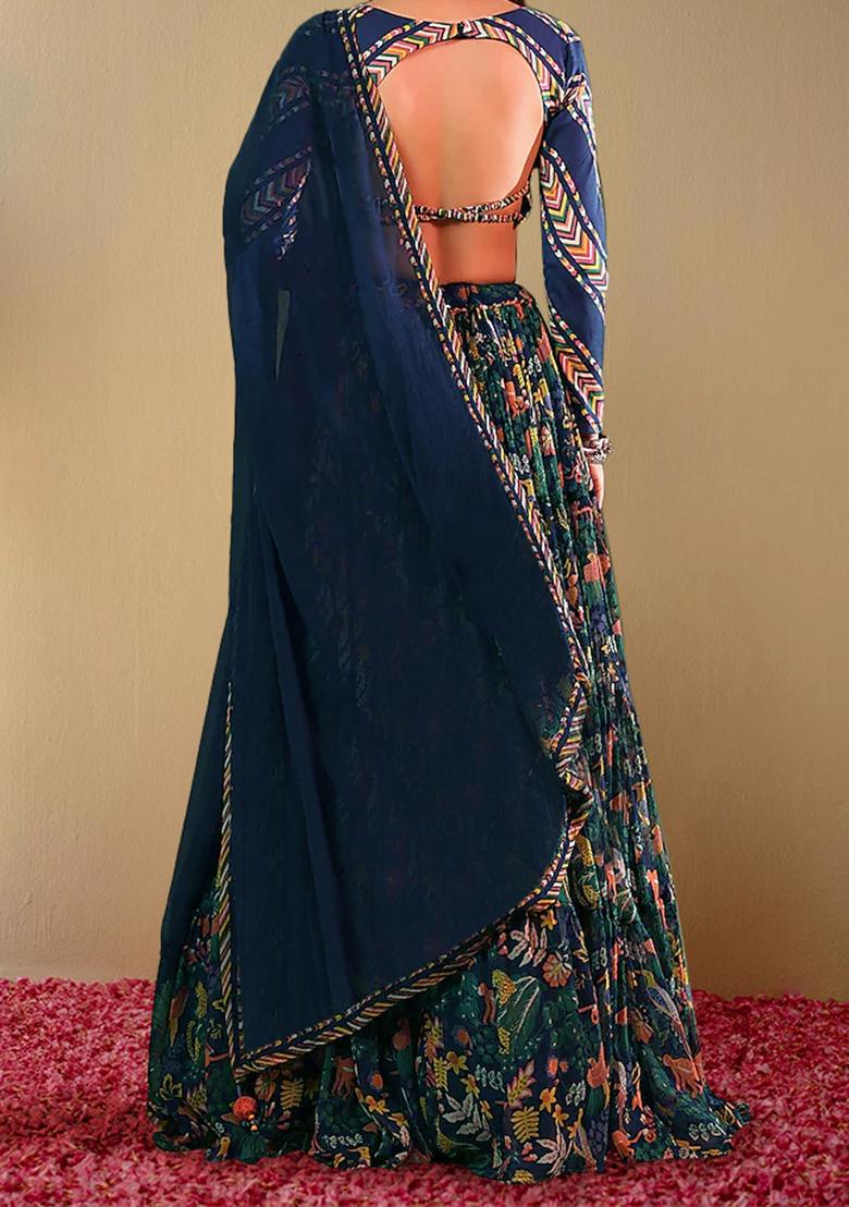 Blue Lehenga Set With Hand Embroidered Blouse And Dupatta