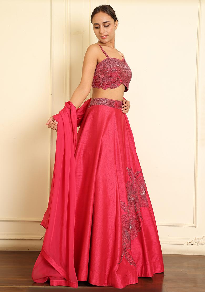 Pink Lehenga Set With Hand Embroidered Blouse And Dupatta