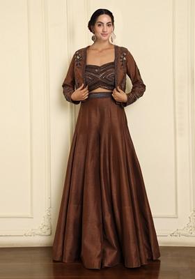 Brown Lehenga Set With Hand Embroidered Blouse And Dupatta