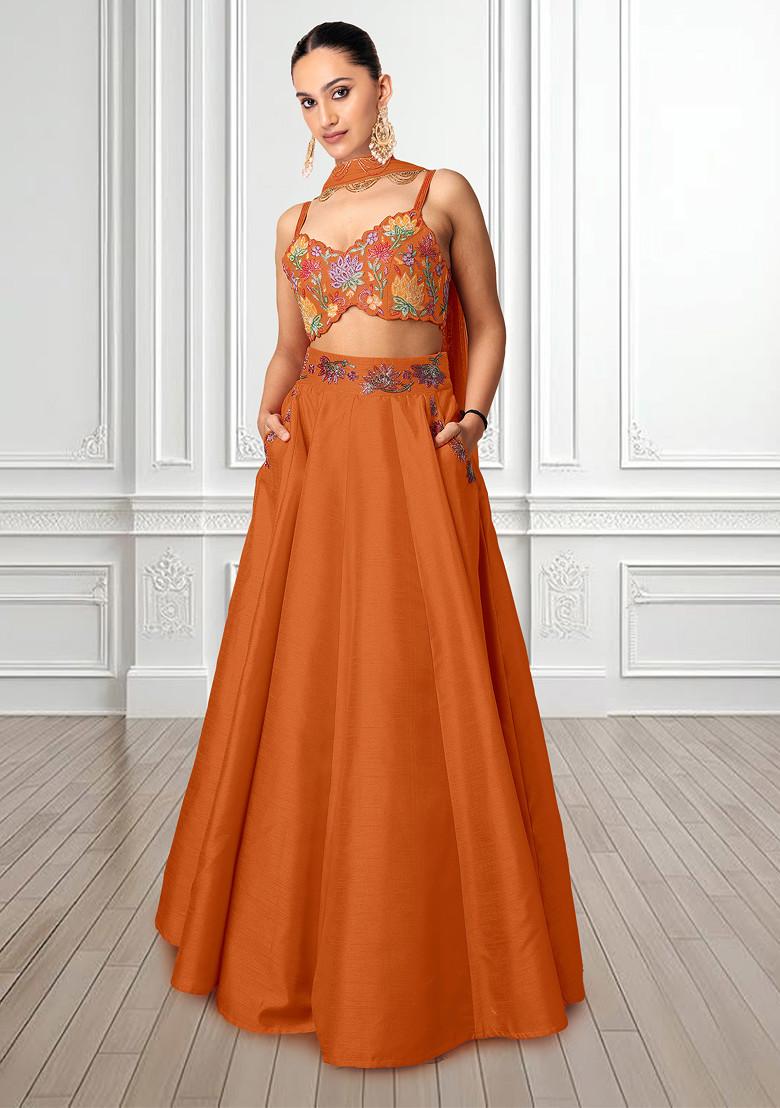 Orange Lehenga Set With Hand Embroidered Blouse And Dupatta