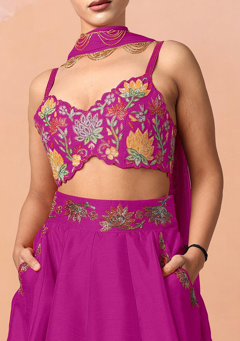 Pink Lehenga Set With Hand Embroidered Blouse And Dupatta
