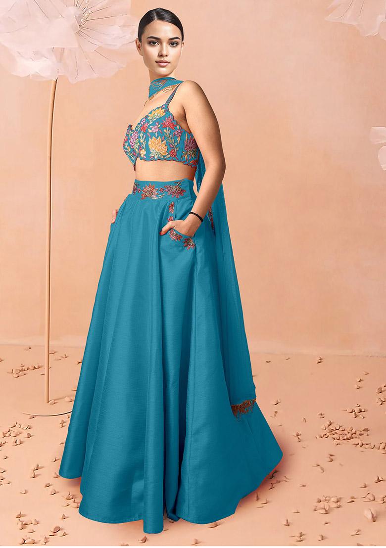 Blue Lehenga Set With Hand Embroidered Blouse And Dupatta
