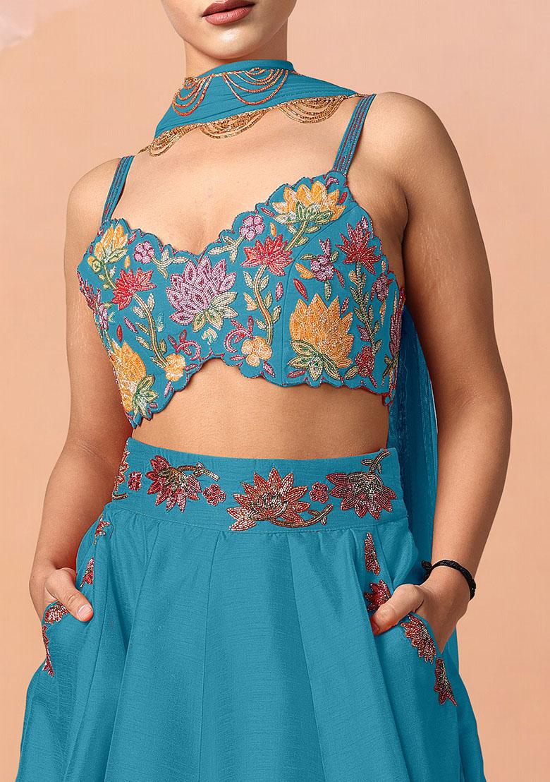Blue Lehenga Set With Hand Embroidered Blouse And Dupatta