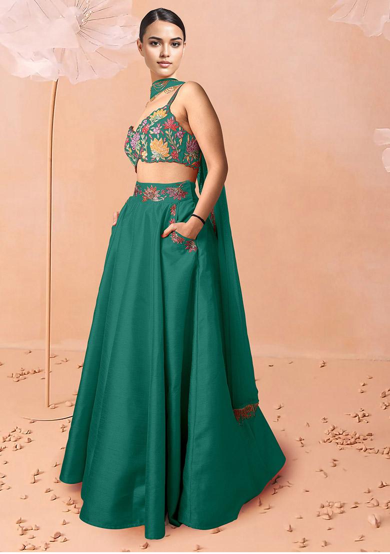 Green Lehenga Set With Hand Embroidered Blouse And Dupatta