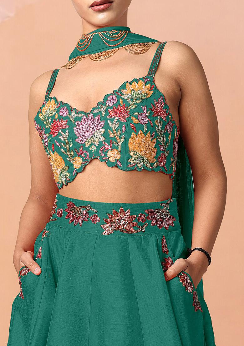 Green Lehenga Set With Hand Embroidered Blouse And Dupatta