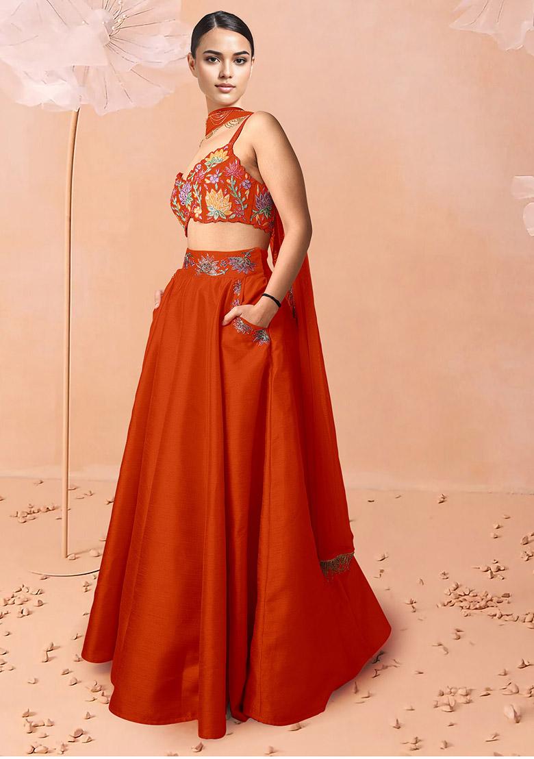 Orange Lehenga Set With Hand Embroidered Blouse And Dupatta