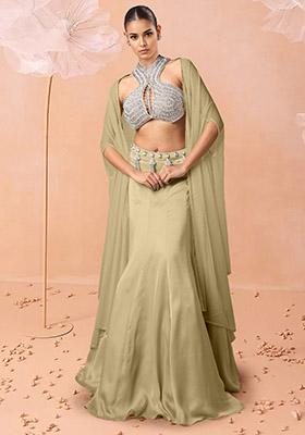 Beige Lehenga Set With Hand Embroidered Blouse And Jacket