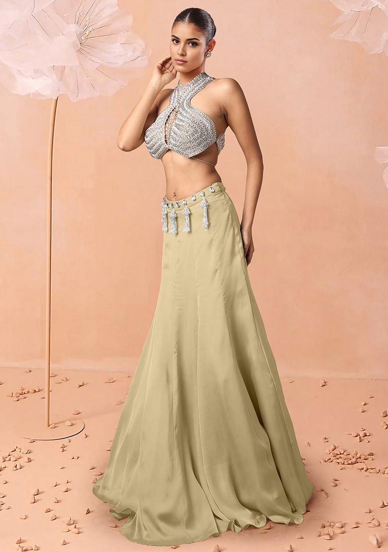 Beige Lehenga Set With Hand Embroidered Blouse And Jacket