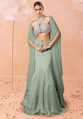 Green Lehenga Set With Hand Embroidered Blouse And Jacket