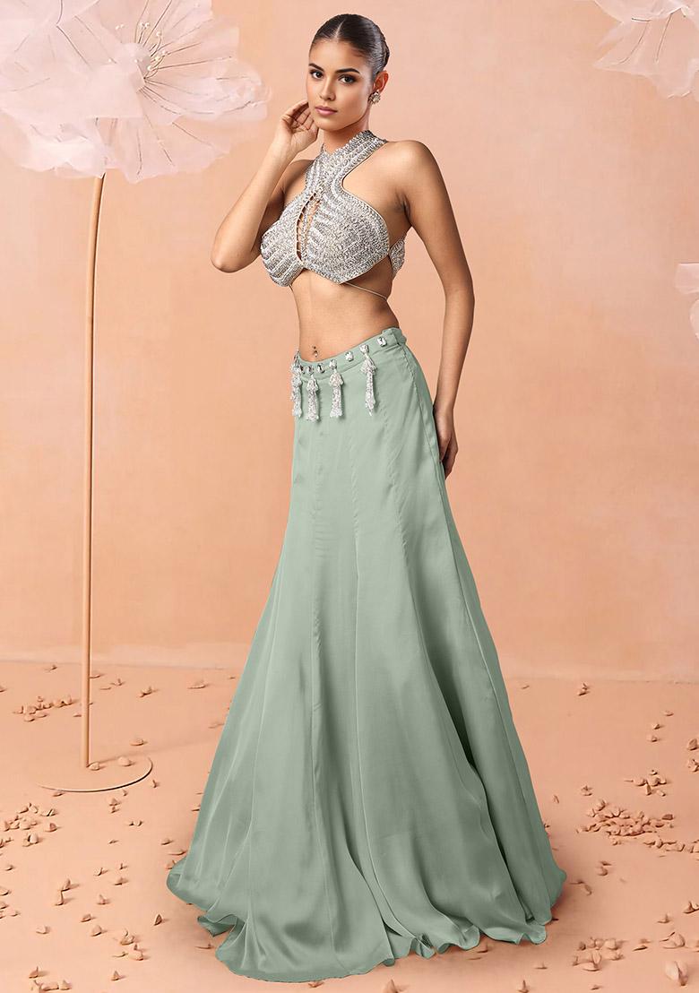 Green Lehenga Set With Hand Embroidered Blouse And Jacket