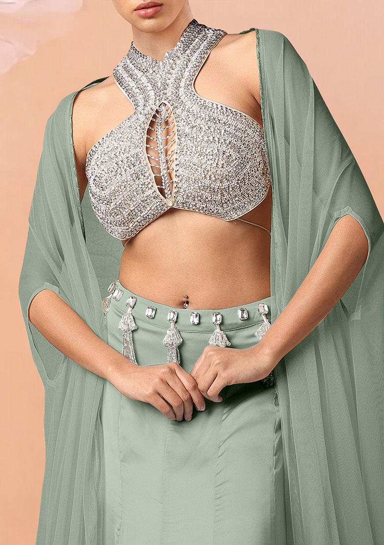 Green Lehenga Set With Hand Embroidered Blouse And Jacket