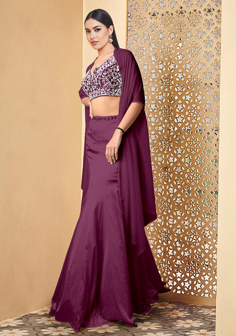 Purple Lehenga Set With Hand Embroidered Blouse And Jacket